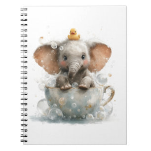 Adorable Baby Elephant in Teacup with Rubber Duck Notebook