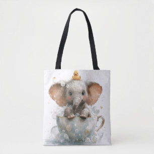 Adorable Baby Elephant in Teacup with Rubber Duck Tote Bag