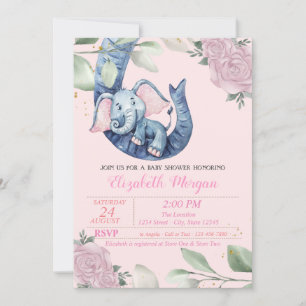 Adorable Baby Elephant, Leaves, Floral Baby Shower Invitation