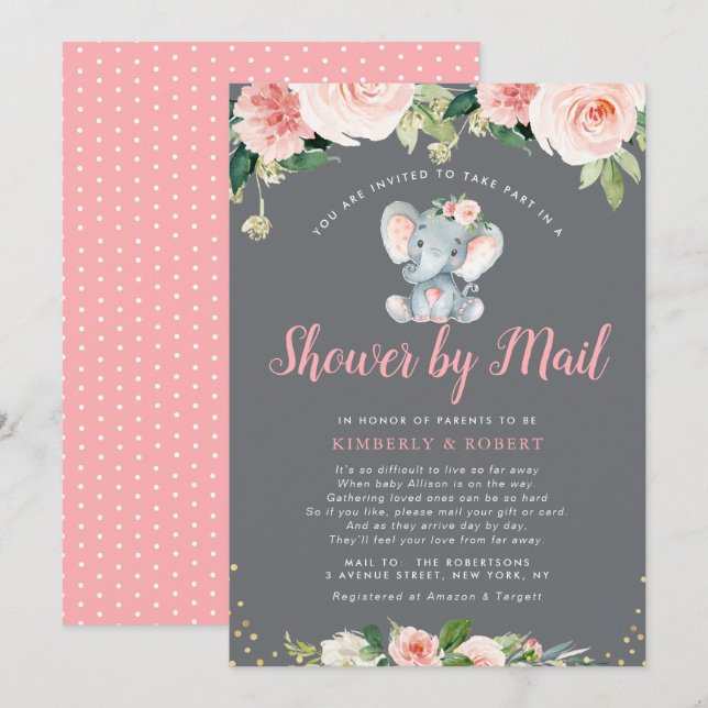 Adorable baby elephant pink floral shower by mail invitation (Front/Back)