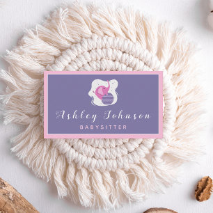 Adorable Baby Elephant Pink & Purple Babysitter Business Card