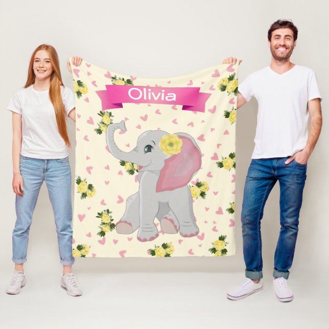 Adorable Baby Elephant Watercolor Floral Fleece Blanket (In Situ)