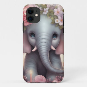 Adorable Baby Elephant with Flowers iPhone 11 Case