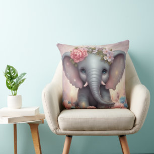 Adorable Baby Elephant with Flowers Cushion