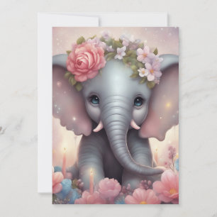 Adorable Baby Elephant with Flowers Holiday Card