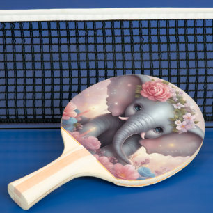 Adorable Baby Elephant with Flowers Ping Pong Paddle