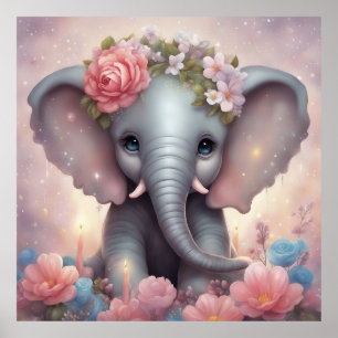 Adorable Baby Elephant with Flowers Poster