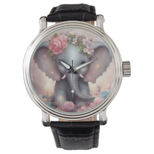 Adorable Baby Elephant with Flowers Watch