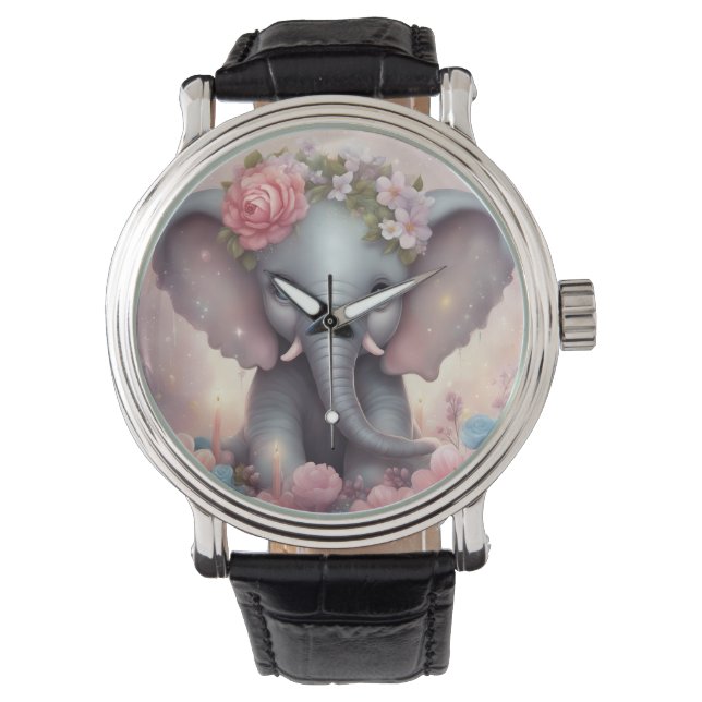 Adorable Baby Elephant with Flowers Watch (Front)
