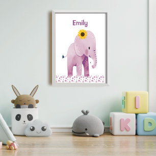 Adorable Baby Elephant With Name Nursery Poster