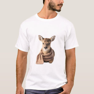 Adorable Baby Fawn Wearing a Knitted Scarf T-Shirt
