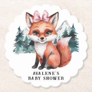 Adorable Baby Fox Watercolor Girl Baby Shower Paper Coaster
