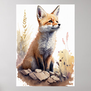 Adorable Baby Fox Watercolor Nursery Poster