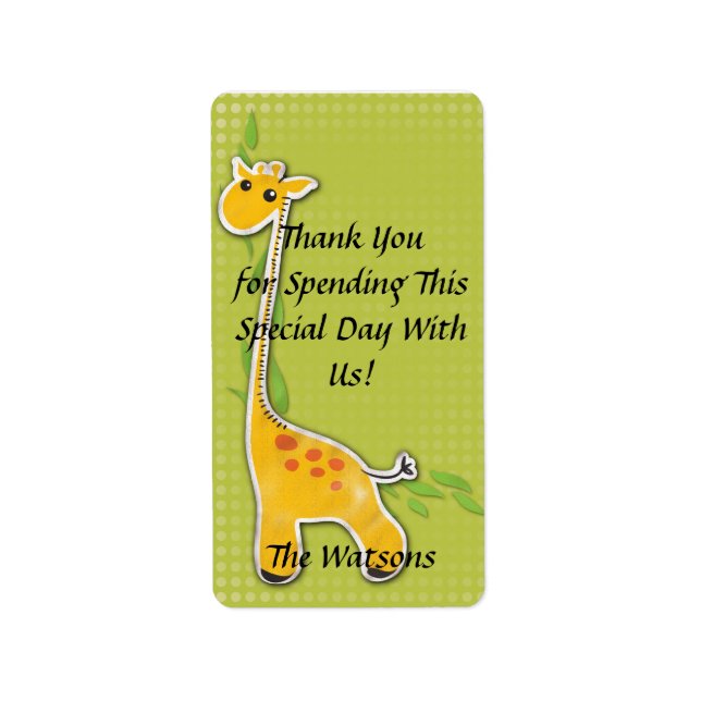 adorable baby giraffe party favour thank you label (Front)