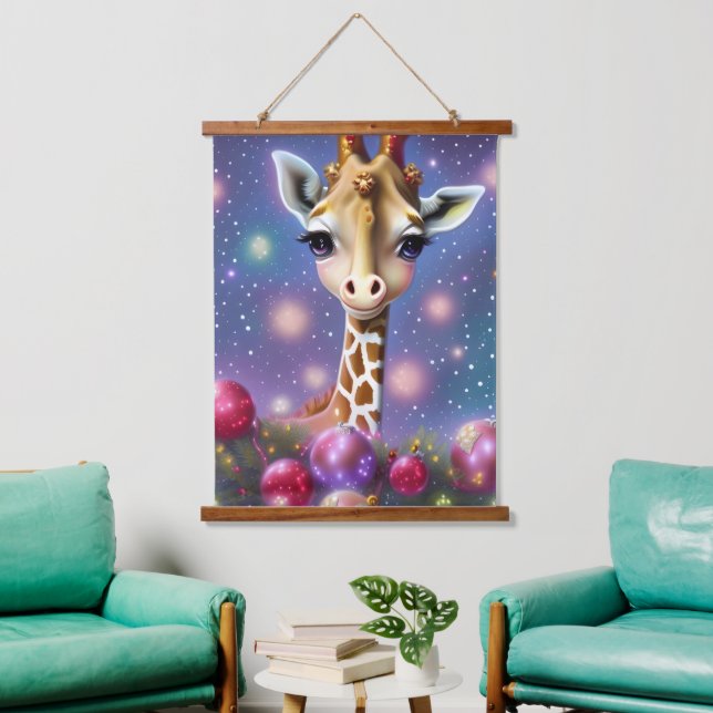 Adorable Baby Giraffe with Holly and Glitter Hanging Tapestry (Living Room)