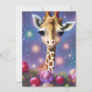 Adorable Baby Giraffe with Holly and Glitter Holiday Card