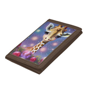 Adorable Baby Giraffe with Holly and Glitter Trifold Wallet