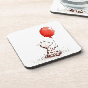 Adorable Baby Giraffe with Red Balloon Coaster