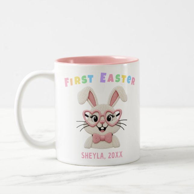 Adorable Baby Girl Boy First Easter Bunny Name Two-Tone Coffee Mug (Left)