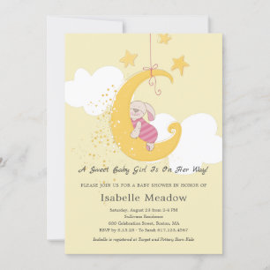 Adorable Baby Girl Rabbit Stars Moon Baby Shower Invitation