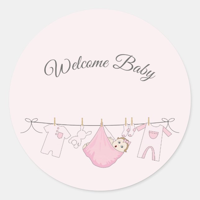 Adorable Baby Girl Shower in Pink and Grey Classic Round Sticker (Front)