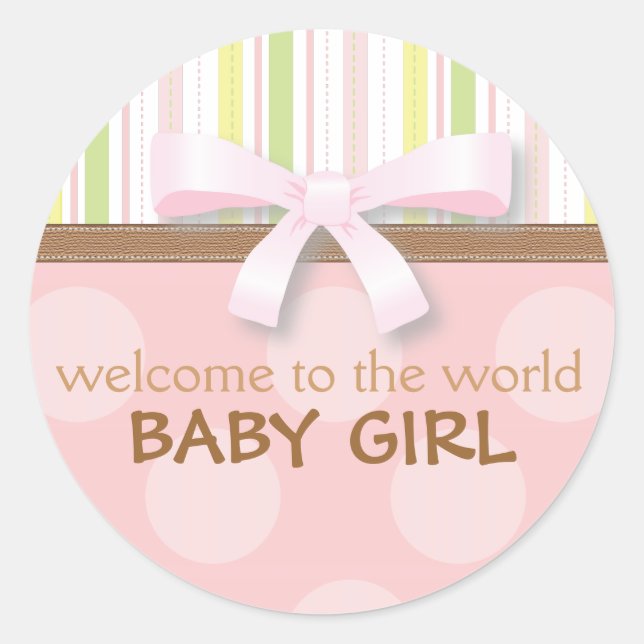 Adorable Baby Girl Stripes + Dots Pink Green w Bow Classic Round Sticker (Front)