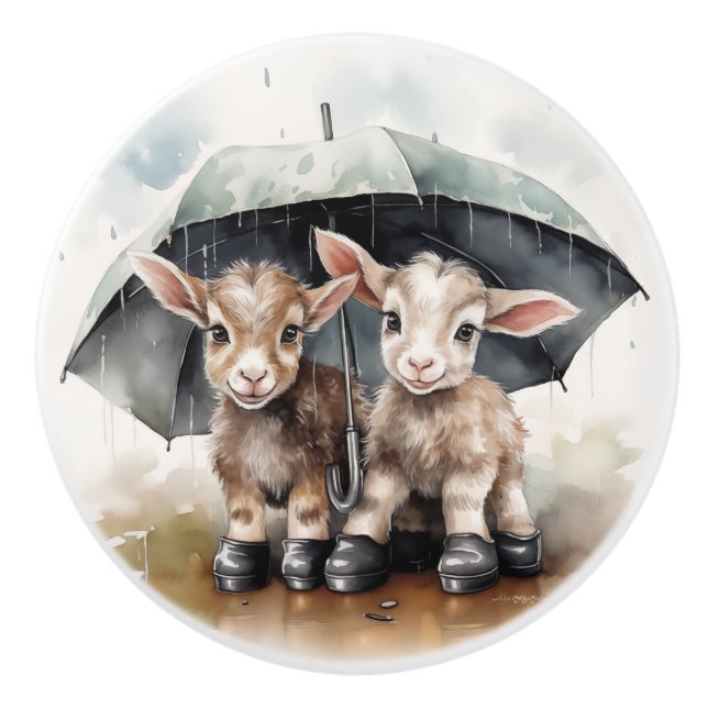 Adorable Baby Goats in the Rain Ceramic Knob (Front)