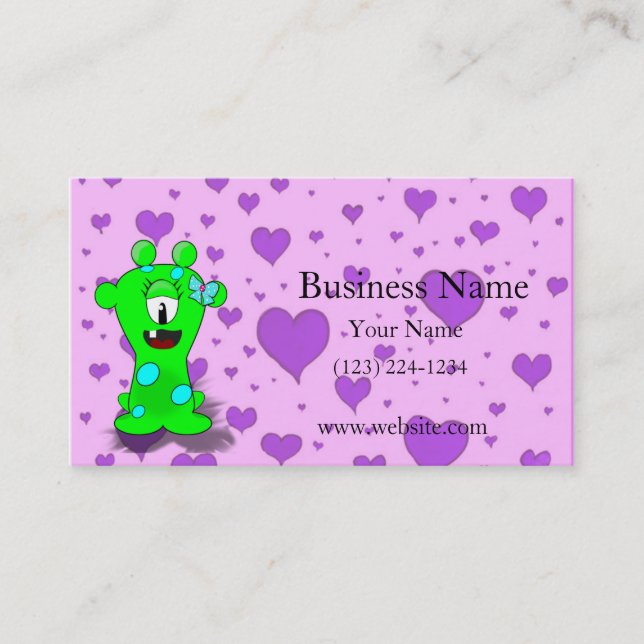 Adorable Baby Green Monster On Hearts Background Business Card (Front)