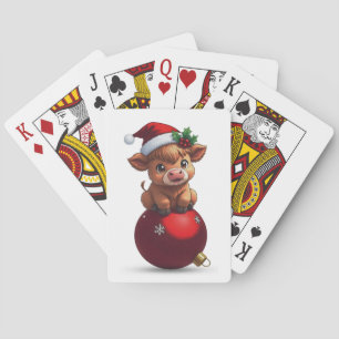 adorable baby highland cow sitting playing cards