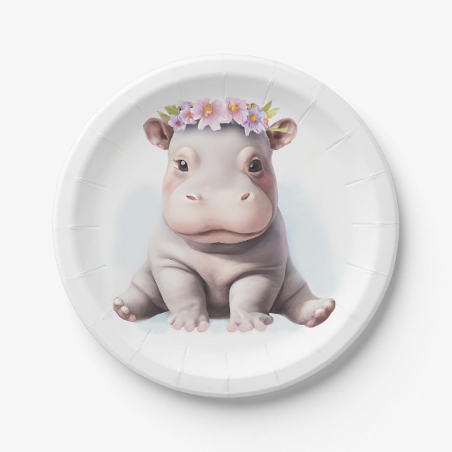 Adorable Baby Hippopotamus Paper Plate (Front)