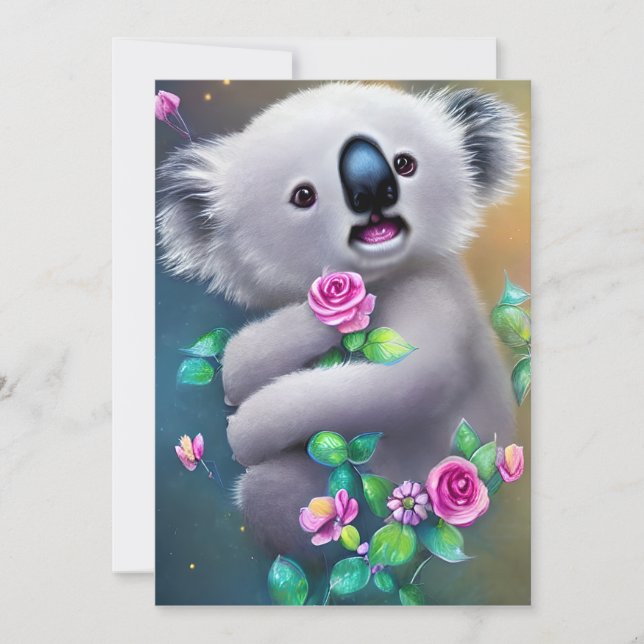 Adorable Baby Koala Bear with Flowers Holiday Card (Front)