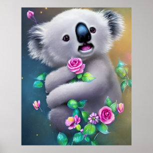 Adorable Baby Koala Bear with Flowers Poster