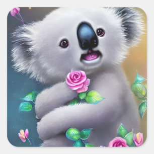 Adorable Baby Koala Bear with Flowers Square Sticker