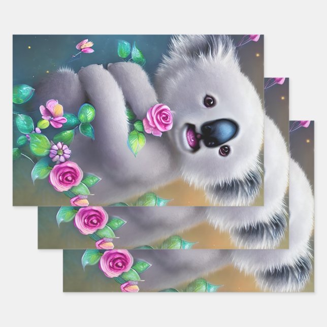 Adorable Baby Koala Bear with Flowers Wrapping Paper Sheet (Set)