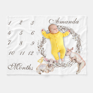 Adorable Baby Lambs Cotton Wreath Milestone Fleece Blanket