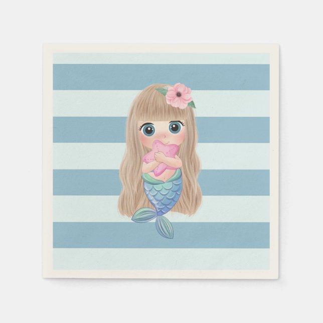 Adorable Baby Mermaid on Light Blue Stripes Napkin (Front)