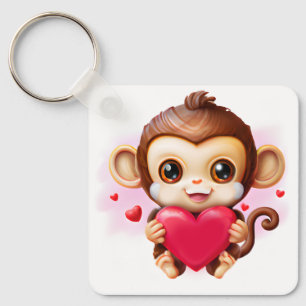 Adorable Baby Monkey Holding a Red Heart Key Ring