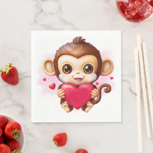 Adorable Baby Monkey Holding a Red Heart Napkin