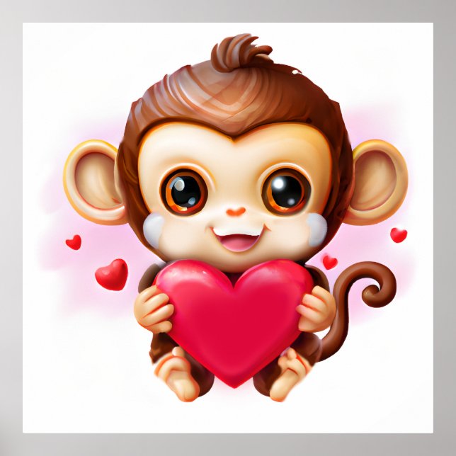 Adorable Baby Monkey Holding a Red Heart Poster (Front)
