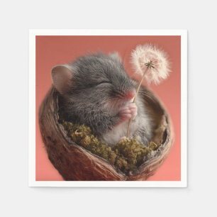 Adorable Baby Mouse Sleeping in a Walnut Shell Napkin