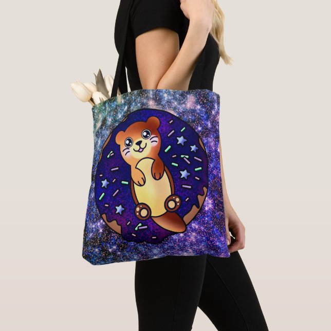 Adorable Baby Otter in Space Galaxy Tote Bag (Close Up)