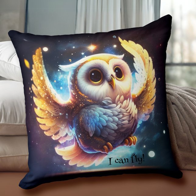 Adorable Baby Owl Bird Cushion (Pillow featuring a cute little owl learning to fly. An adorable pillow for a child's room.)