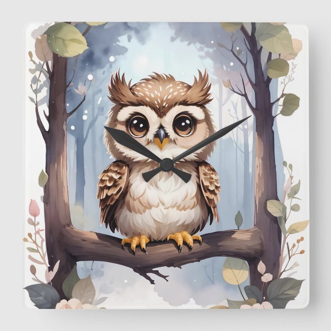 Adorable Baby Owl Square Wall Clock (Front)