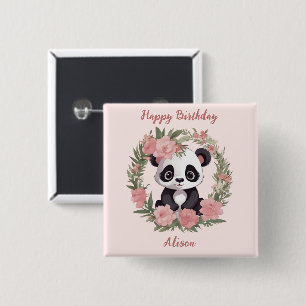 Adorable Baby Panda Bear with Flowers 15 Cm Square Badge