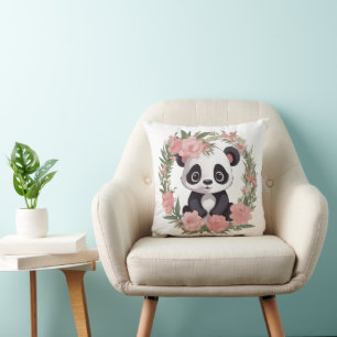 Adorable Baby Panda Bear with Flowers Cushion