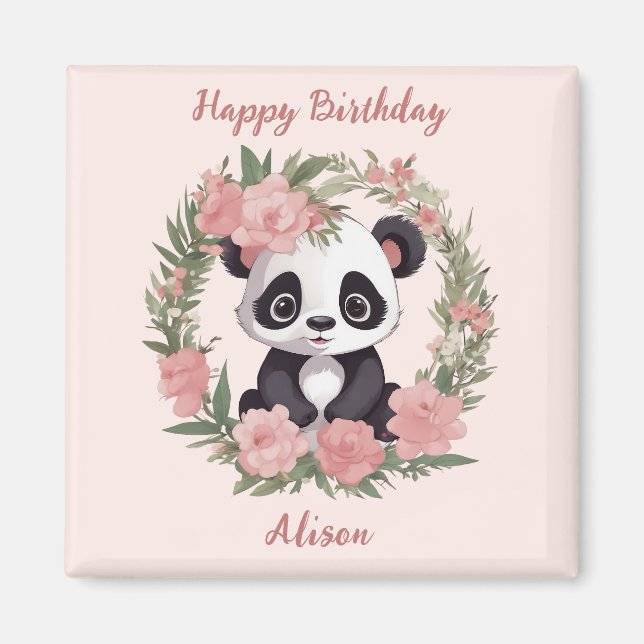 Adorable Baby Panda Bear with Flowers Magnet (Front)