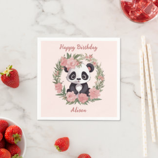 Adorable Baby Panda Bear with Flowers Napkin