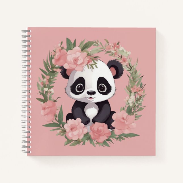 Adorable Baby Panda Bear with Flowers Notebook (Front)