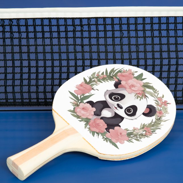 Adorable Baby Panda Bear with Flowers Ping Pong Paddle (Insitu)