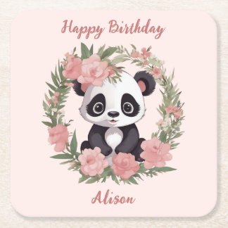Adorable Baby Panda Bear with Flowers Square Paper Coaster